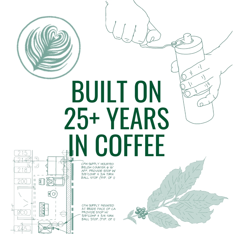 A-Z COFFEE BUSINESS DESIGN SOLUTIONS: Illustration featuring coffee plant leaves, technical café drawings, a hand grinding coffee, and latte art—surrounding the text 'Built on 25+ Years in Coffee,' representing Coffee Heroes Solutions' decades of hands-on industry experience.