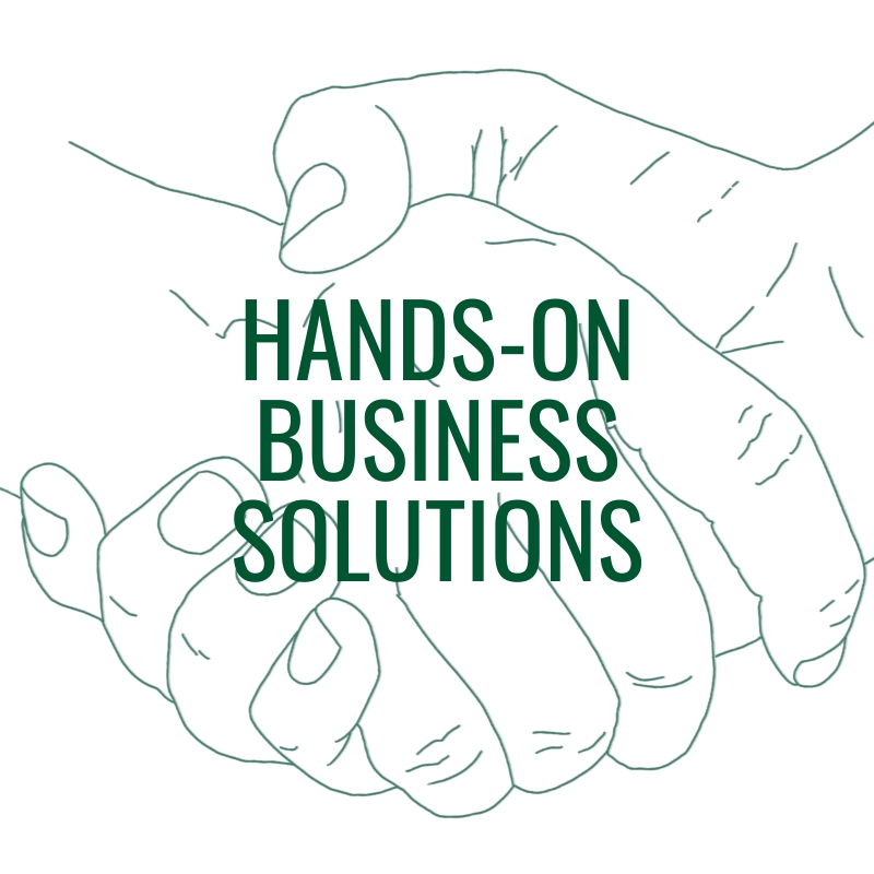Illustration of two hands clasped in a firm handshake, with the text 'Hands-On Business Solutions,' symbolizing Coffee Heroes Solutions' collaborative, action-based approach to building and supporting coffee businesses.