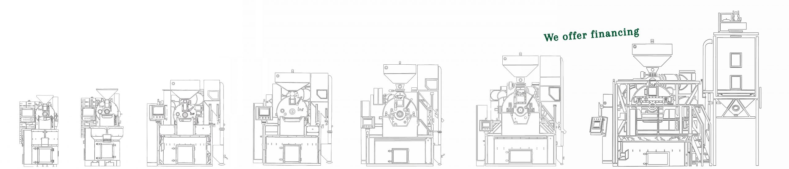 IMF roaster lineup, small to large. 
7 line-drawings of the models, ranging from compact tabletop units to full industrial systems. Tagline: "We offer financing."